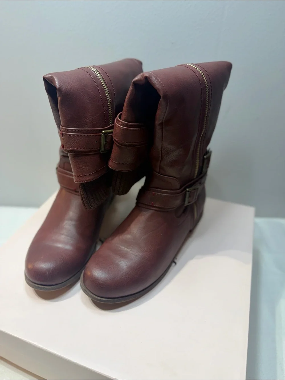JustFab Wine-Red Tall Riding Boots with Knit Cuff & Buckle Details